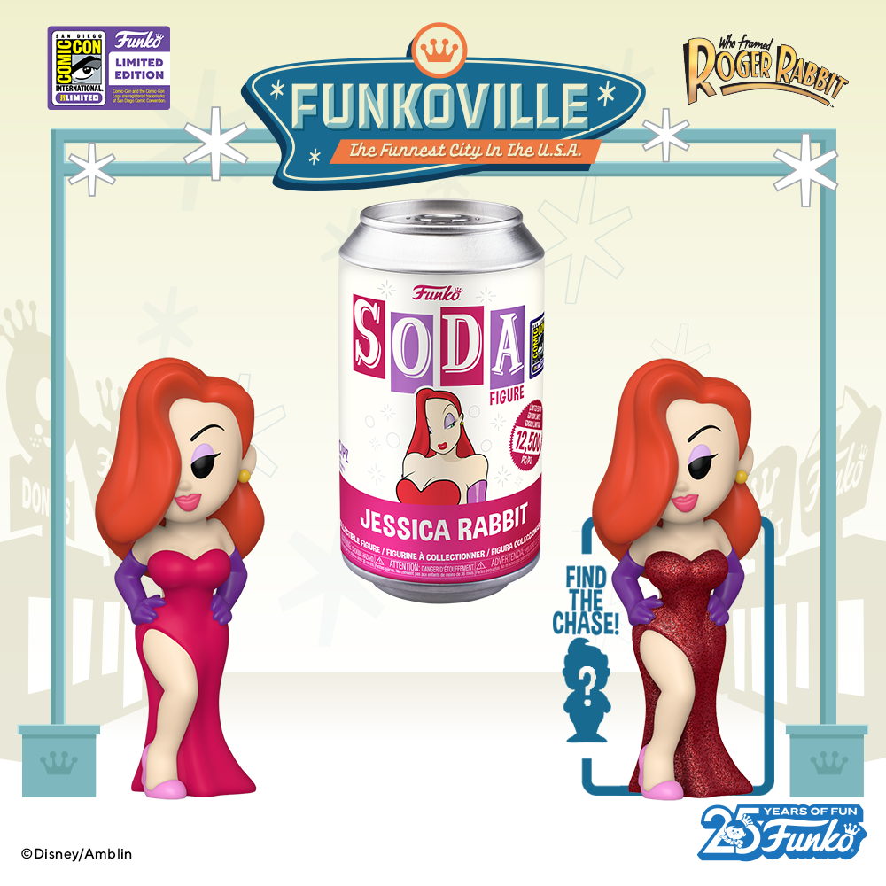 Ready to a rousing performance? Funko SODA Jessica Rabbit is taking to the stage at SDCC 2023 as an exclusive collectible. There's a 1 in 6 chance you may find the chase, glitter variant of Jessica in her red dress.